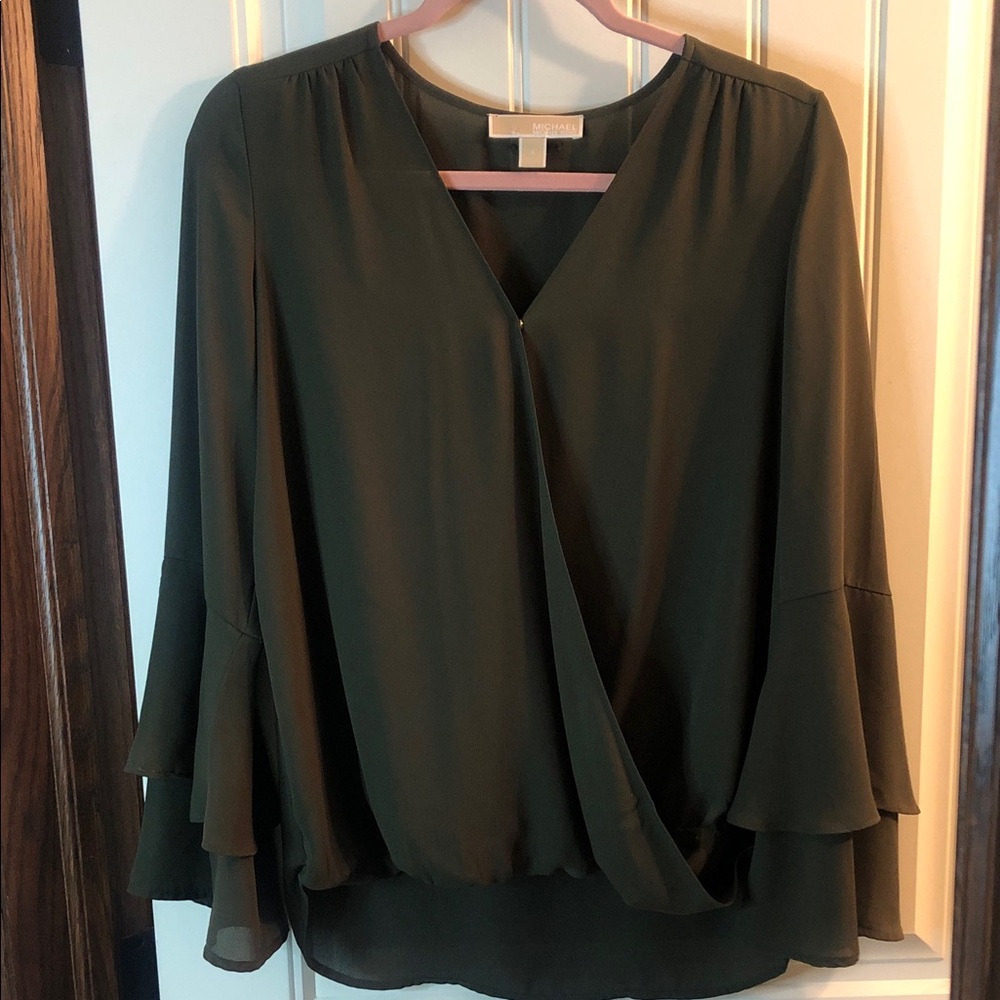 Michael Kors Olive Draped V-Neck Wrap Blouse
